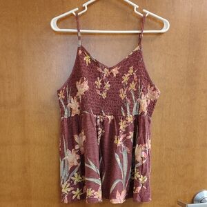 Torrid Flowy Smocked Top in Burgandy With Pink And Yellow Floral